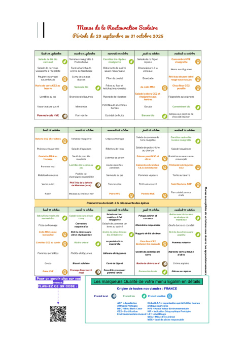 Menus fournis par API restauration