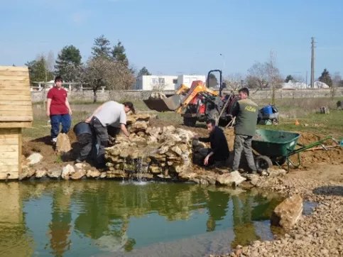 Mise en place de la cascade, des plantes et éléments artistiques